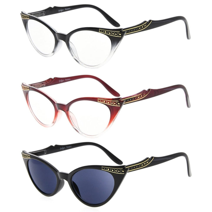 3 Pack Cat Eye Reading Glasses Include Sunglasses R914