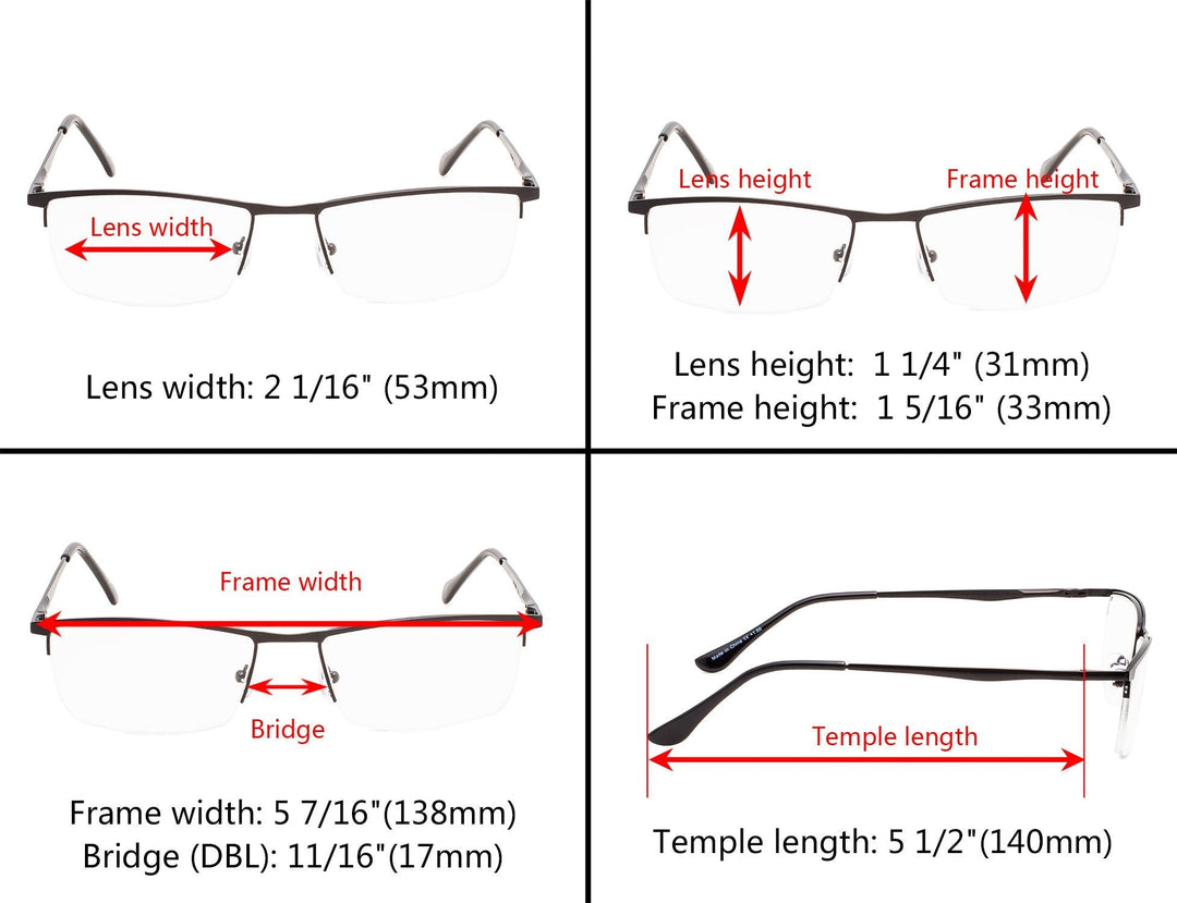 3 Pack Half-Rim Metal Frame Reading Glasses