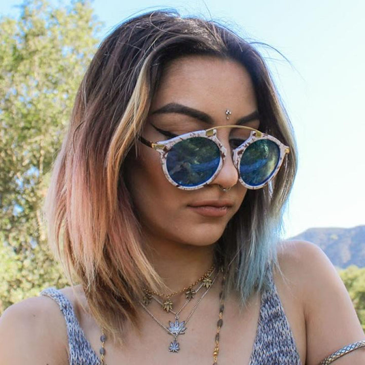 Arched Marble Pattern P3 Mirrored Lens Round Sunglasses A218