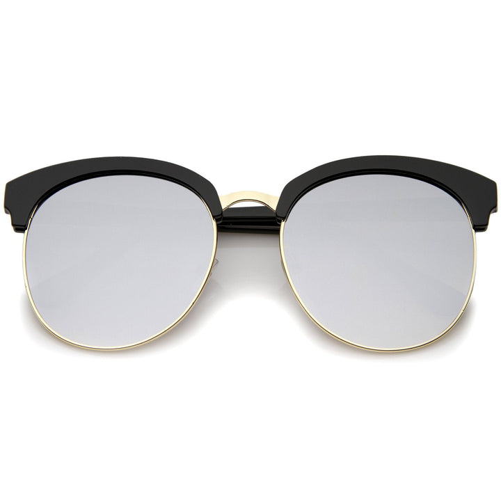 Women's Oversize Round Half Frame Flash Lens Sunglasses A388