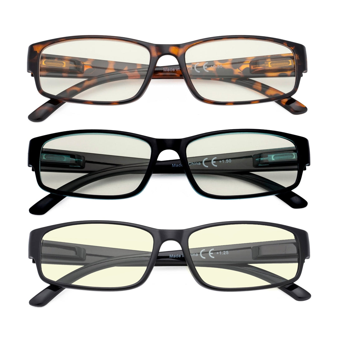 3 Pack Rectangle Blue Light Blocking Reading Glasses