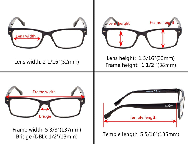 Paquete de 3 gafas de lectura rectangulares clásicas
