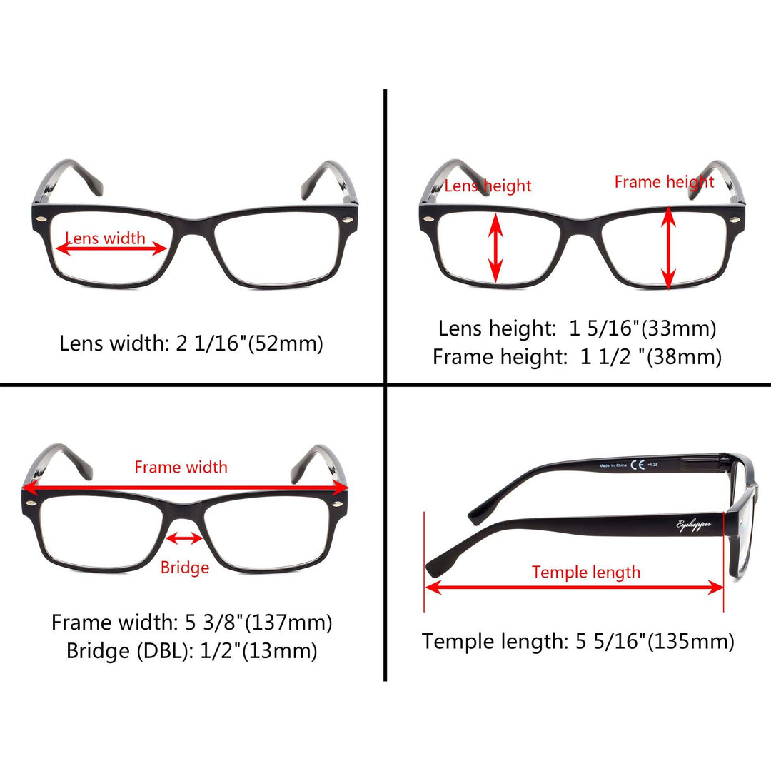 3 Pack Classic Rectangle Reading Glasses