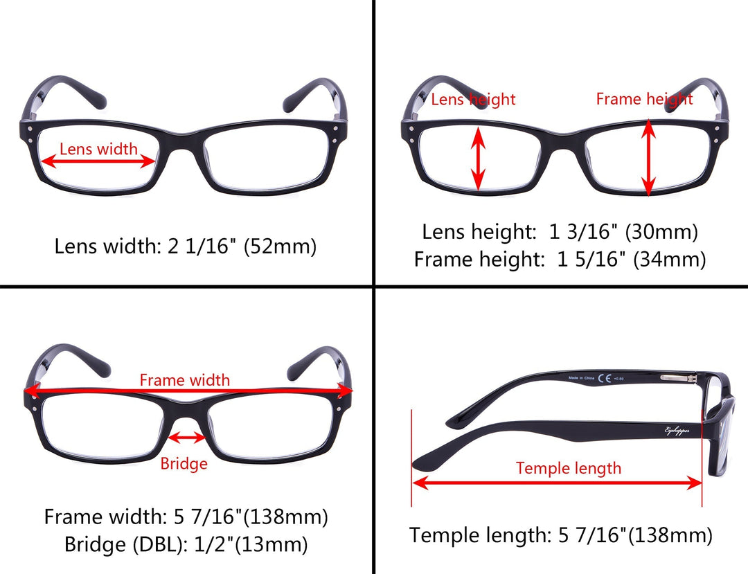 3 Pack Rectangle Reading Glasses with Spring Hinges