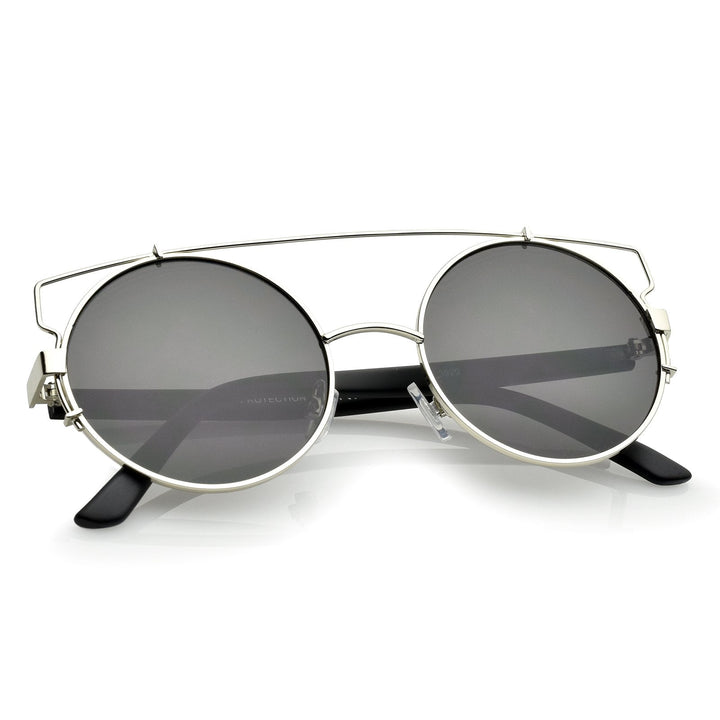 Retro Modern Oversize Round Flat Lens Crossbar Sunglasses A540