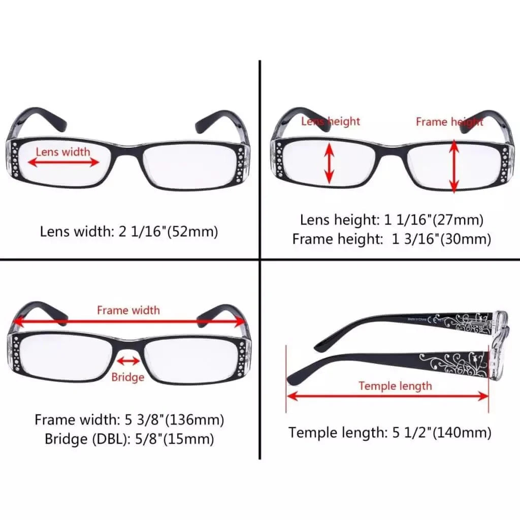 4 Pack Crystal Floral Pattern Reading Glasses R006F