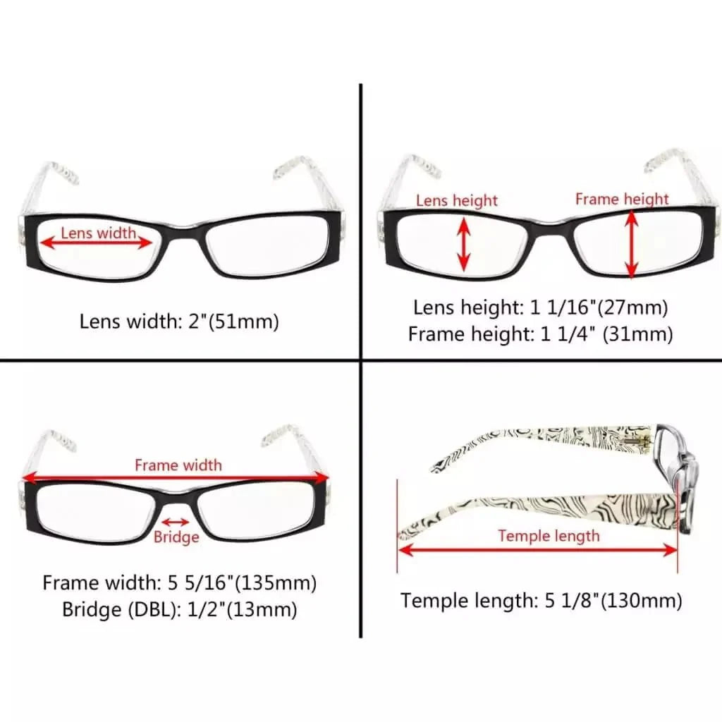 4 Pack Gem Pattern Arms Reading Glasses Rectangular Readers R006-C1-C4