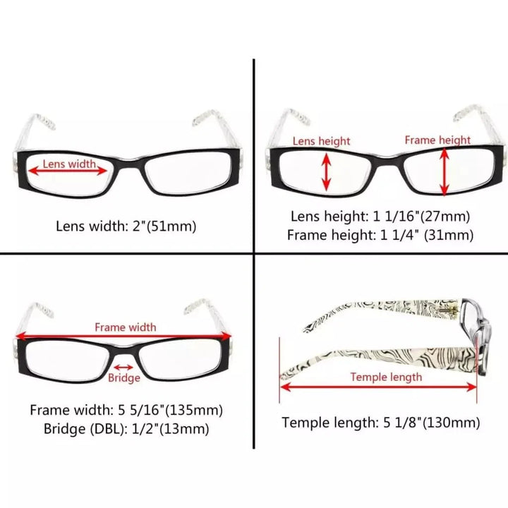 4 Pack Gem Pattern Arms Reading Glasses Rectangular Readers R006-C1-C4