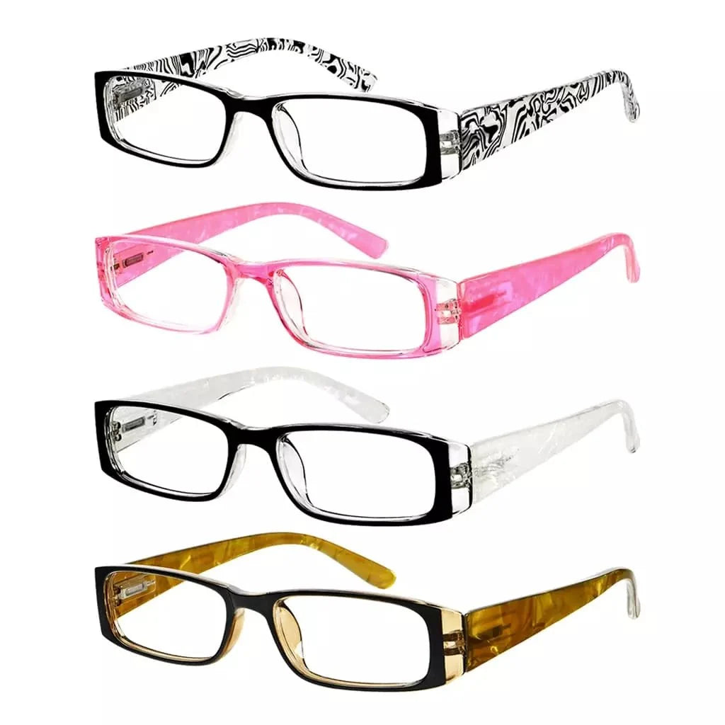 4 Pack Gem Pattern Arms Reading Glasses Rectangular Readers R006-C1-C4