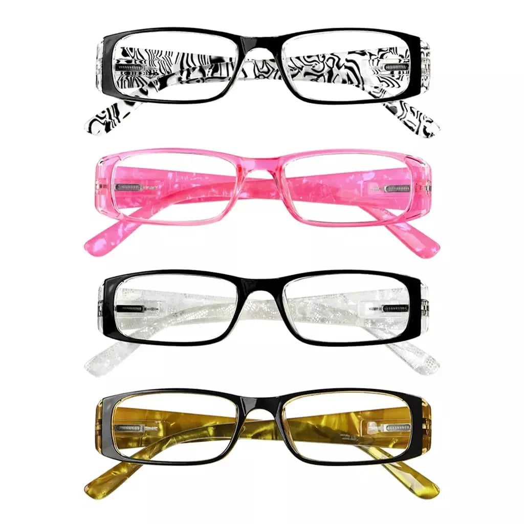 4 Pack Gem Pattern Arms Reading Glasses Rectangular Readers R006-C1-C4
