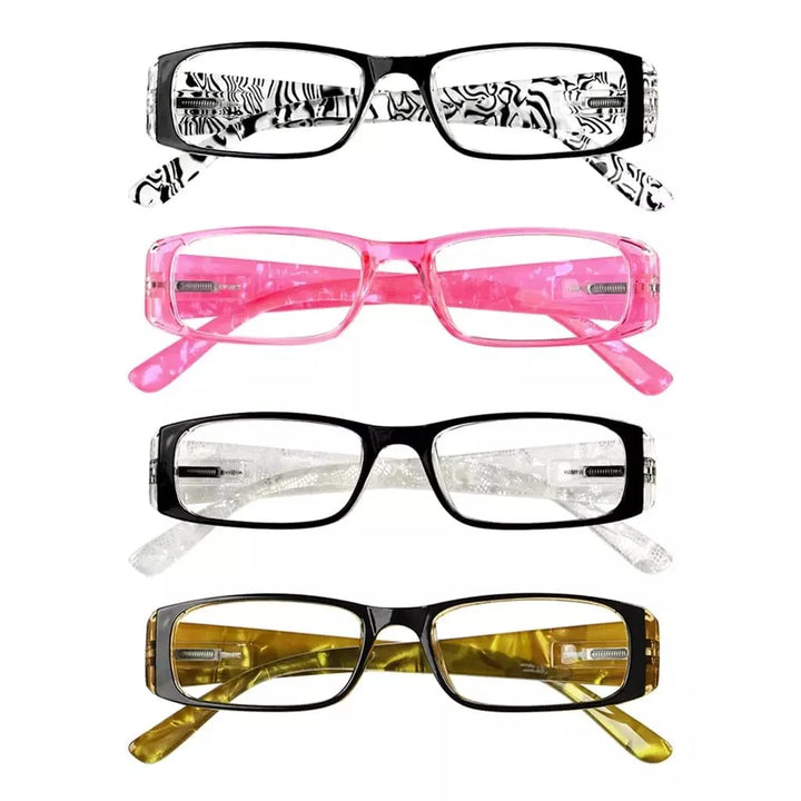 4 Pack Gem Pattern Arms Reading Glasses Rectangular Readers R006-C1-C4