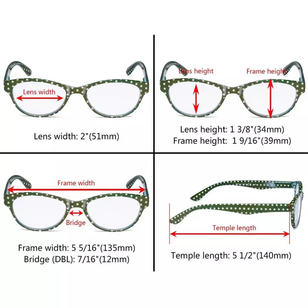 4 Pack Oval Reading Glasses Colorful Polka Dots Readers R074P