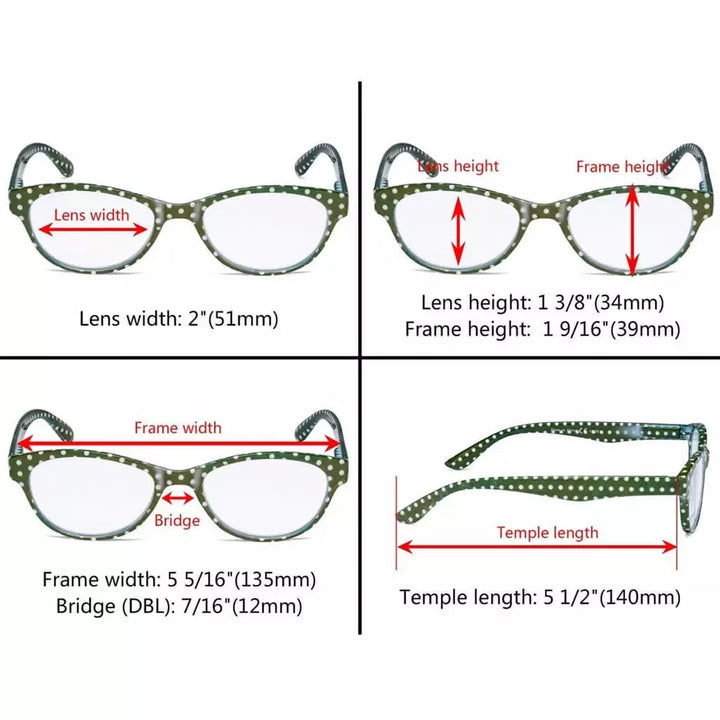 4 Pack Oval Reading Glasses Colorful Polka Dots Readers R074P