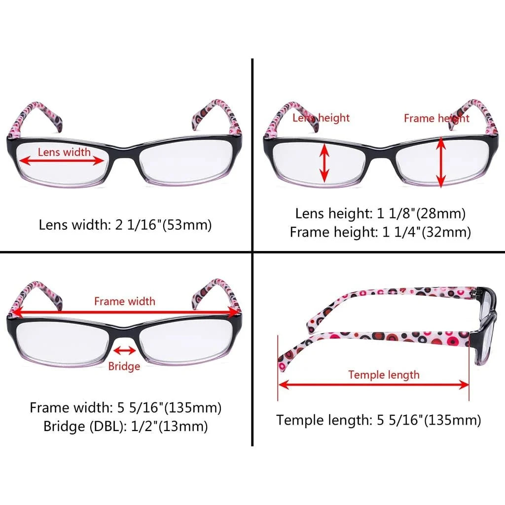 4 Pack Polka Dots Rectangle Reading Glasses RT1803P