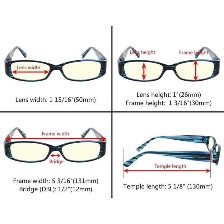 4 Pack Rectangle Blue Light Filter Reading Glasses UVR081