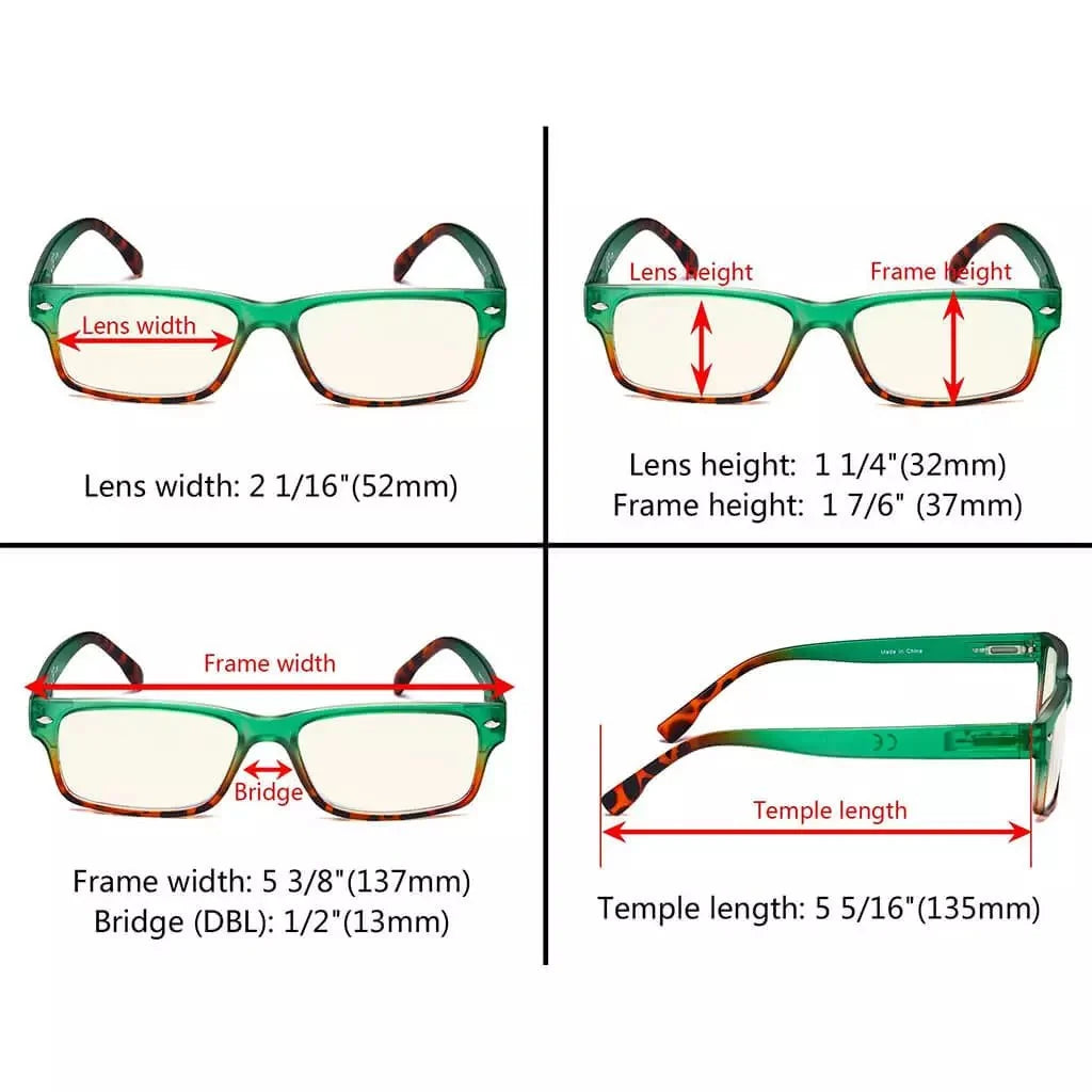 4 Pack Rectangle Blue Light Filter Reading Glasses UVR108D
