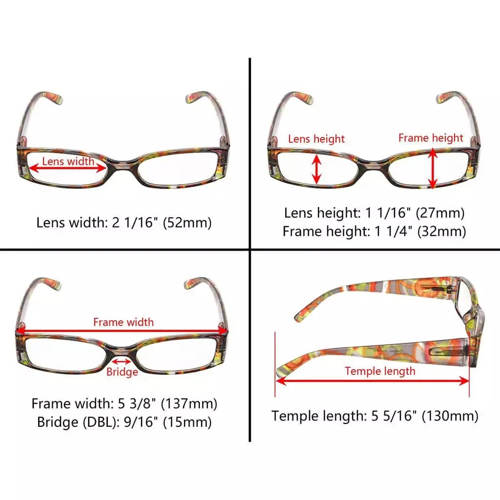 4 Pack Rectangle Fashion Pattern Arms Reading Glasses R040G