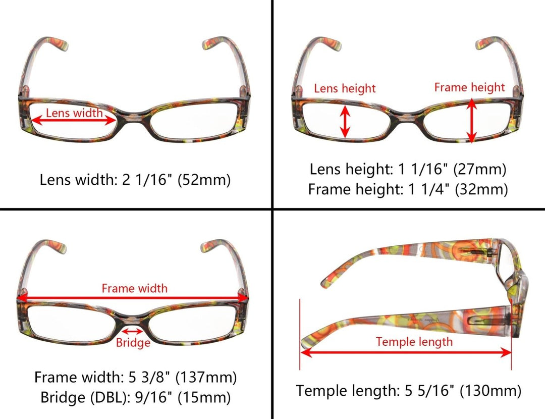 4 Pack Rectangle Reading Glasses Retro Readers R040G