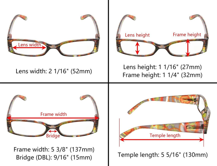 4 Pack Rectangle Reading Glasses Retro Readers R040G