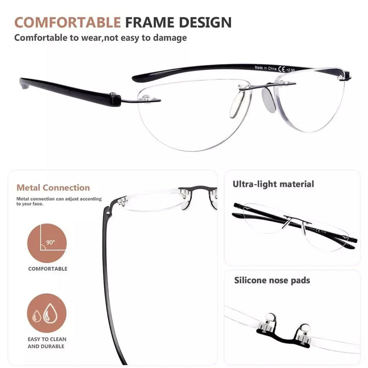 4 Pack Rimless Reading Glasses Half Moon Readers R2202