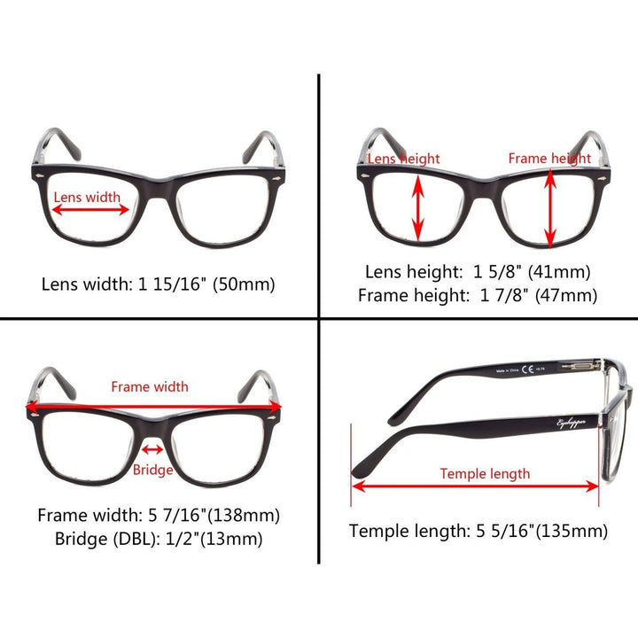 4 Pack Square Large Lenses Reading Glasses with Spring Hinges