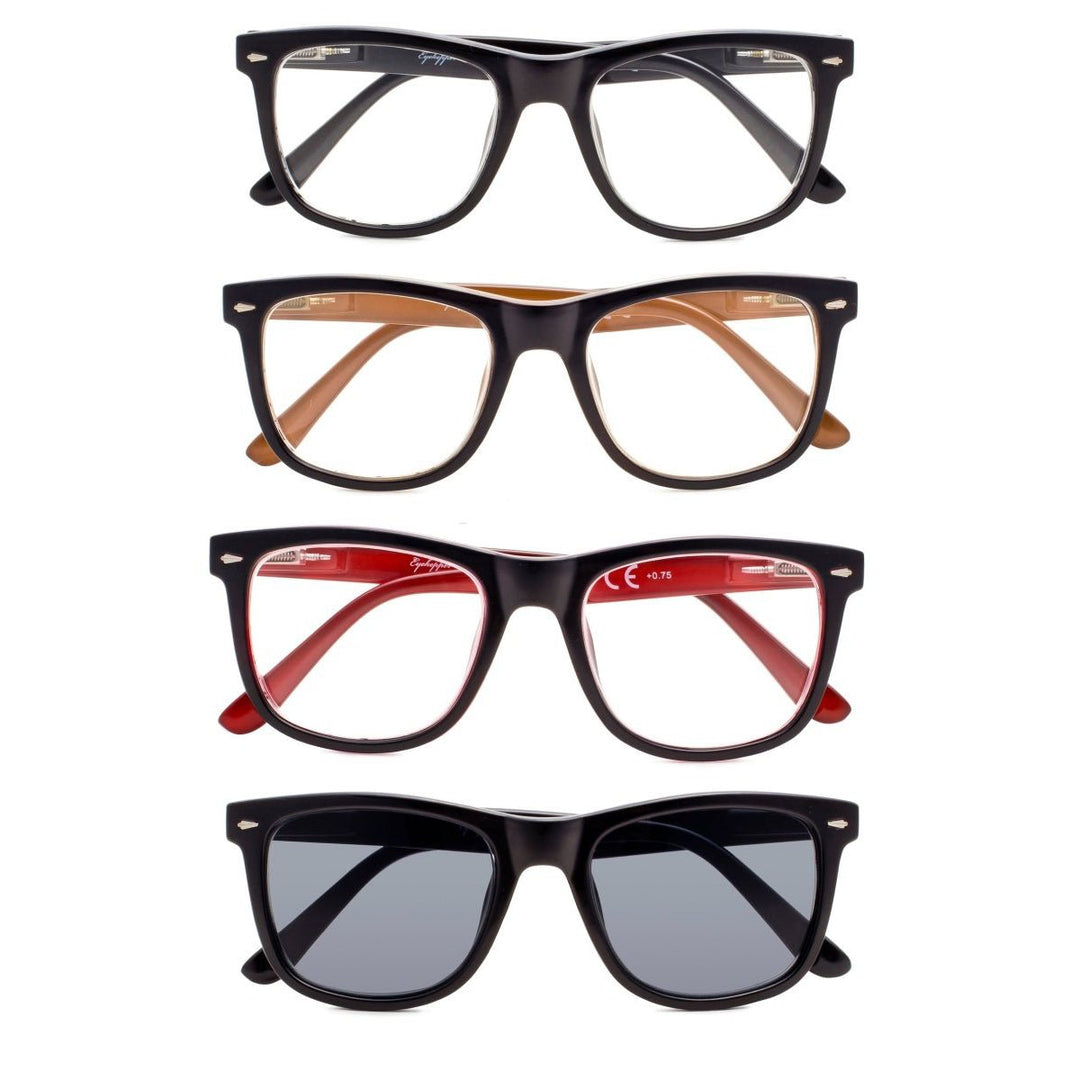 4 Pack Square Large Lenses Reading Glasses with Spring Hinges
