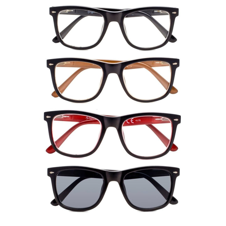 4 Pack Square Large Lenses Reading Glasses with Spring Hinges