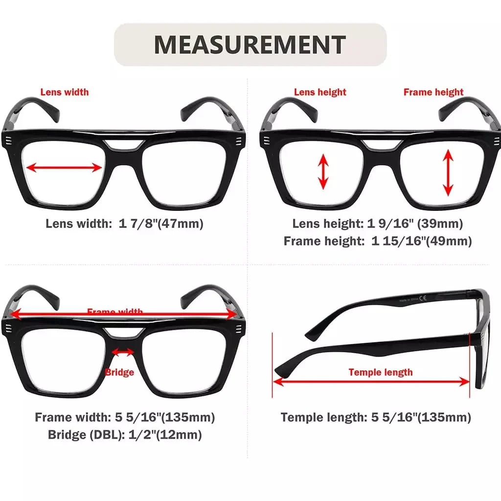 4 Pack Square Reading Glasses Double Bridge Readers R2034