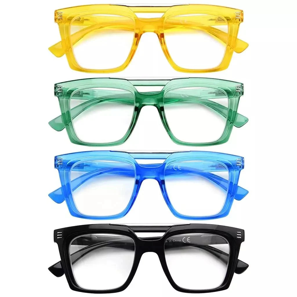 4 Pack Square Reading Glasses Double Bridge Readers R2034