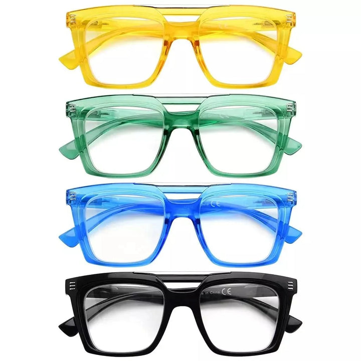 4 Pack Square Reading Glasses Double Bridge Readers R2034