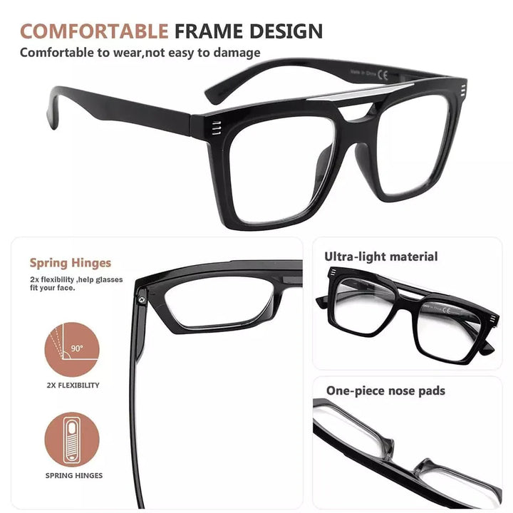 4 Pack Square Reading Glasses Double Bridge Readers R2034