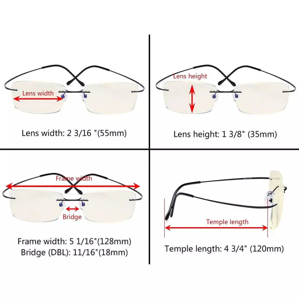 4 Pack Titanium Rimless Blue Light Filter Reading Glasses UVR1509