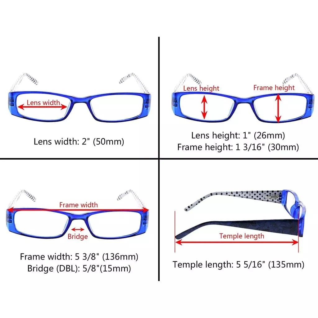 5 Pack Polka Dots Rectangle Reading Glasses R006P