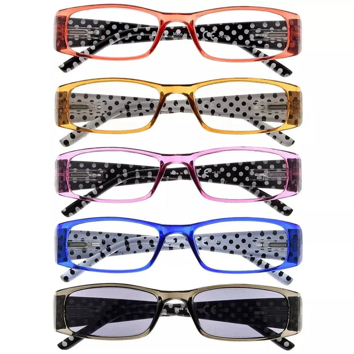 5 Pack Polka Dots Rectangle Reading Glasses R006P