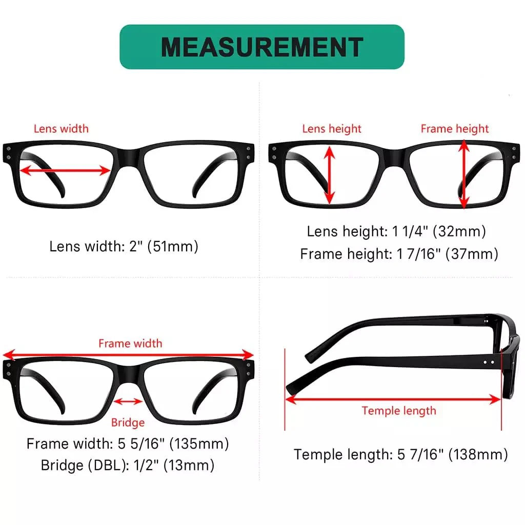 5 Pack Reading Glasses Retro Rectangle Readers R032-A