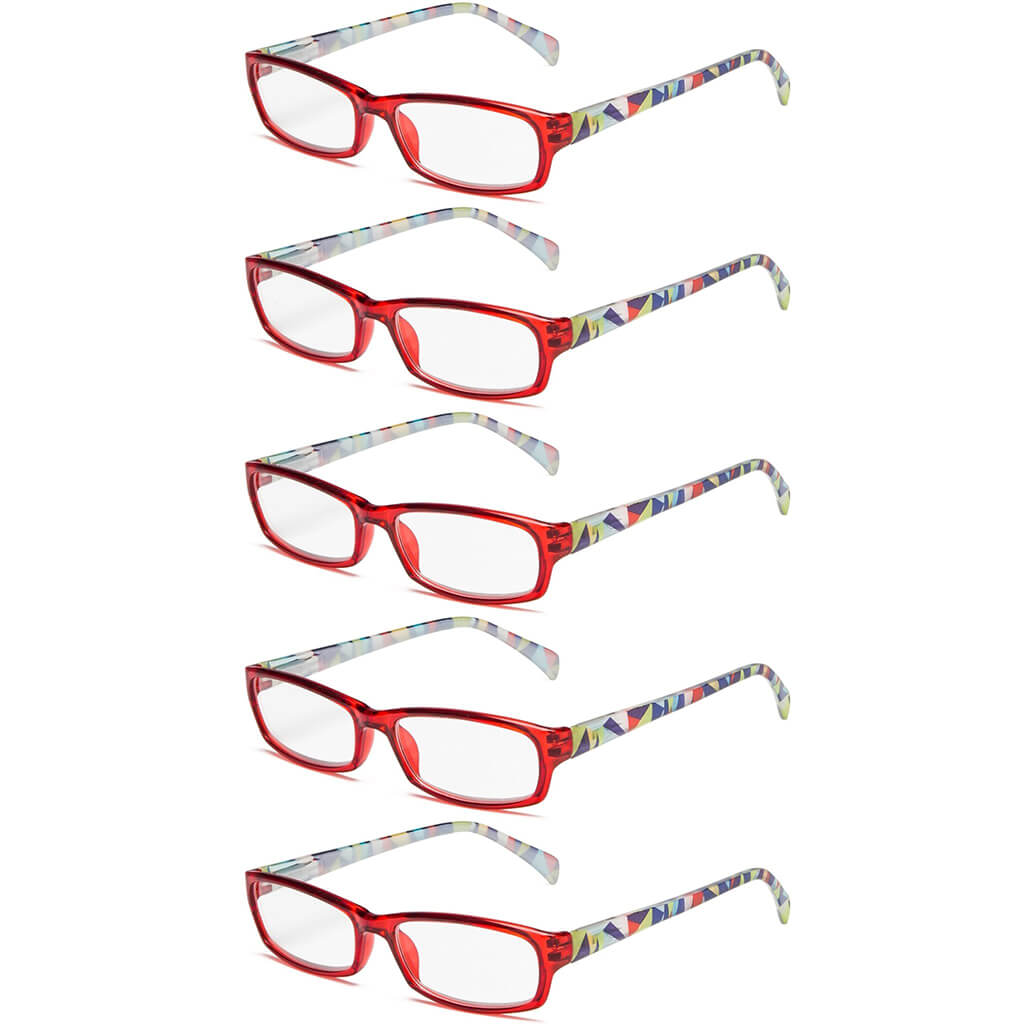 5 Pack Rectangle Reading Glasses with Pattern Temples RT1803