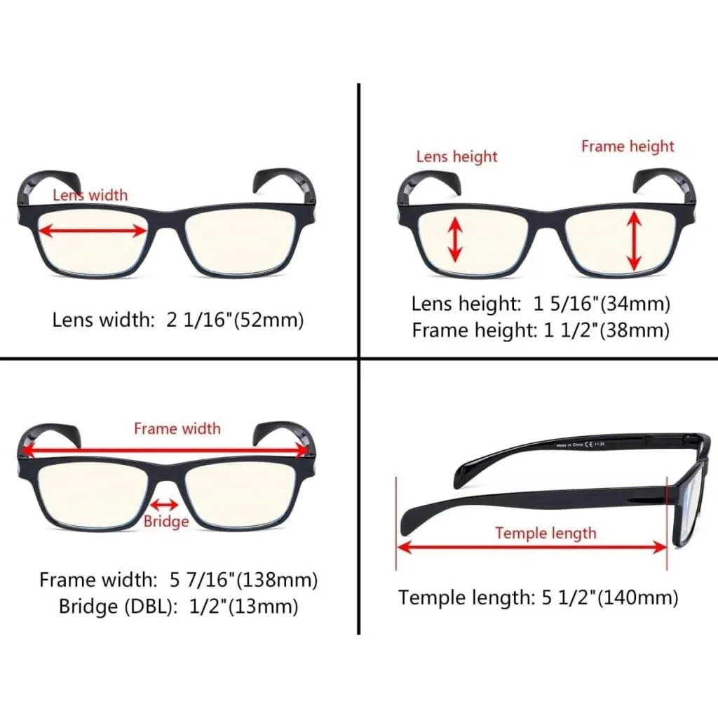 5 Pack Rectangle Blue Light Filter Reading Glasses UVR090