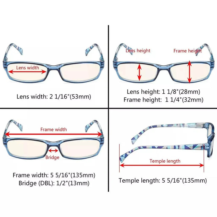 5 Pack Rectangle Blue Light Filter Reading Glasses UVRT1803