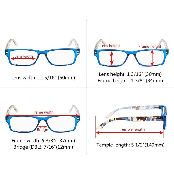 5 Pack Rectangle Reading Glasses Camouflage Temples R066C