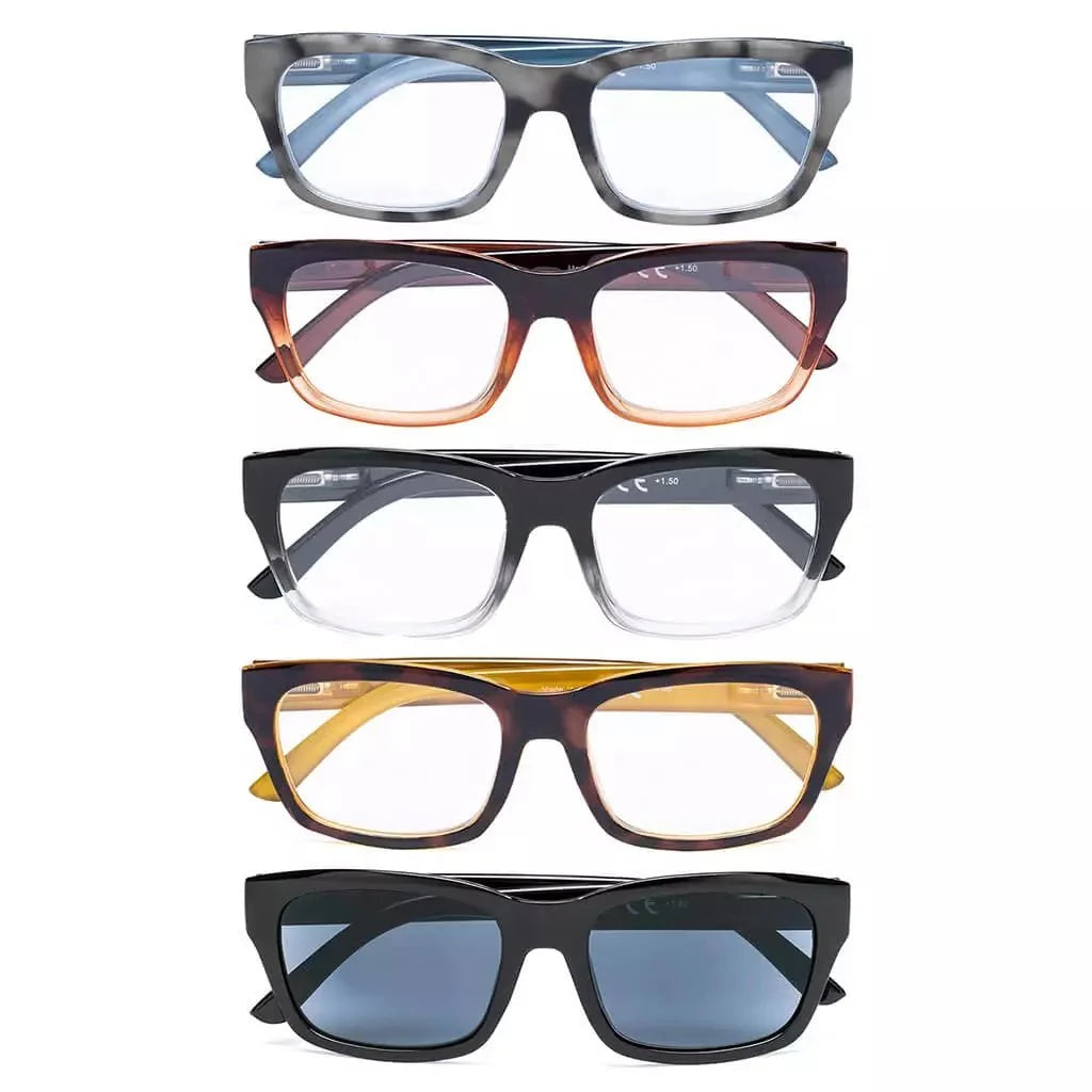 5 Pack Thick Frame Reading Glasses Include Sunshine Readers R045