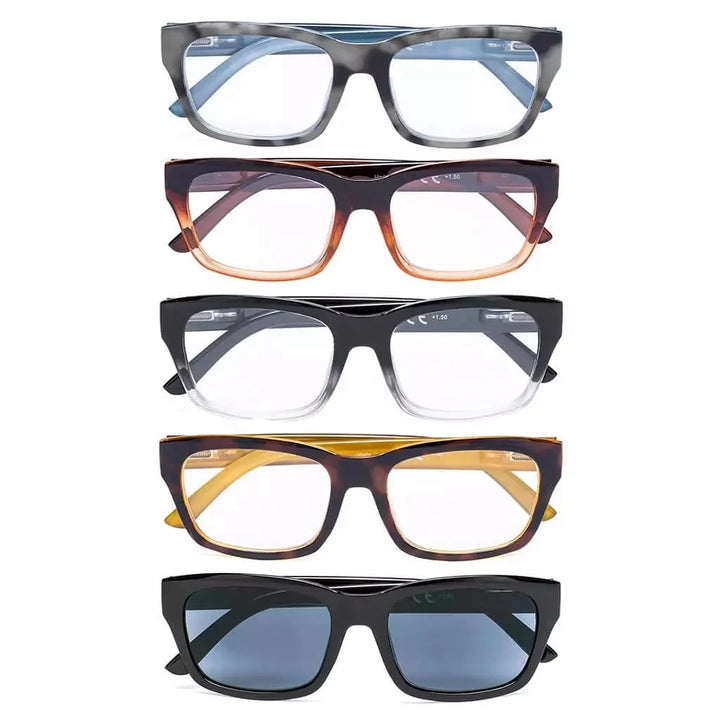 5 Pack Thick Frame Reading Glasses Include Sunshine Readers R045