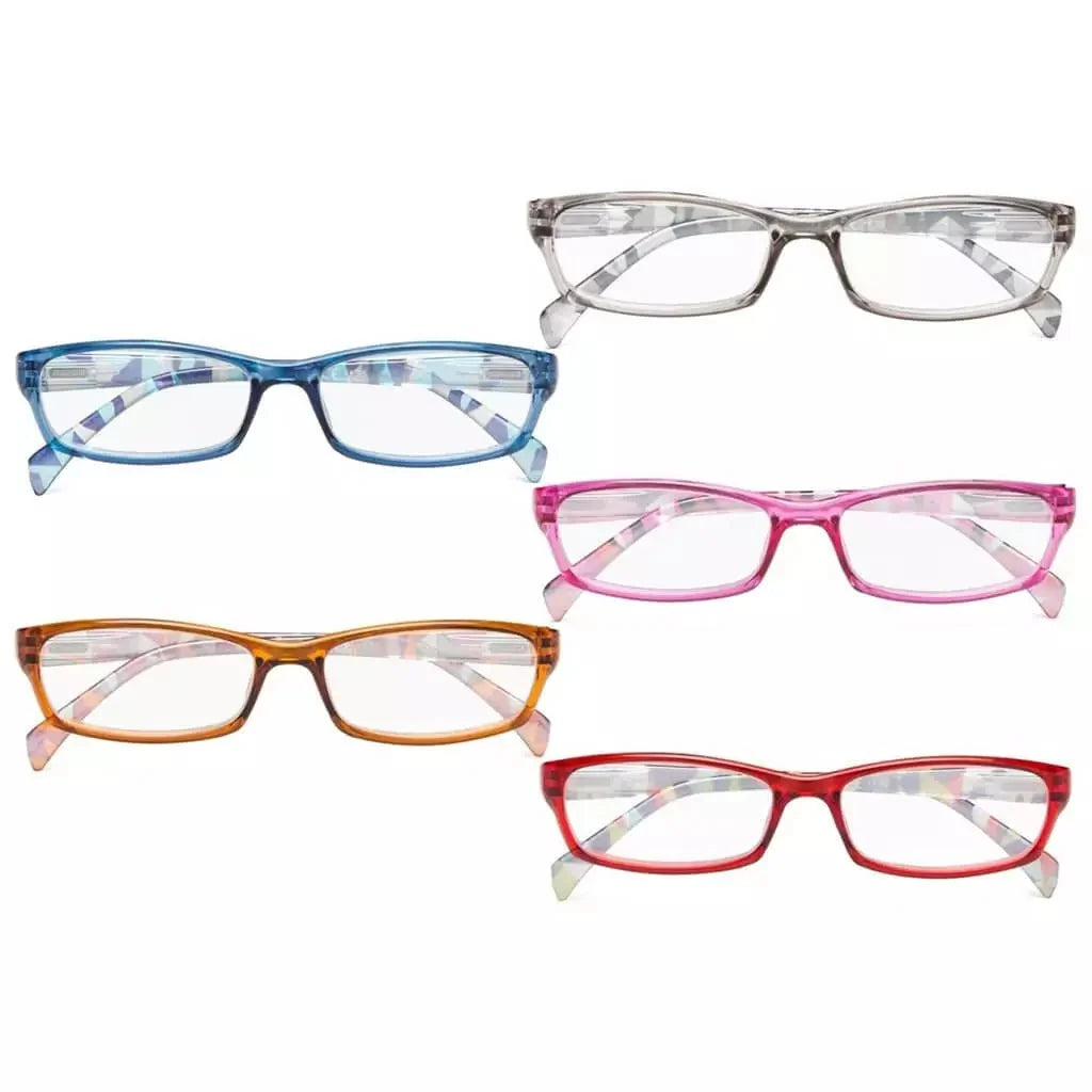 5 Pack Rectangle Reading Glasses with Pattern Temples RT1803