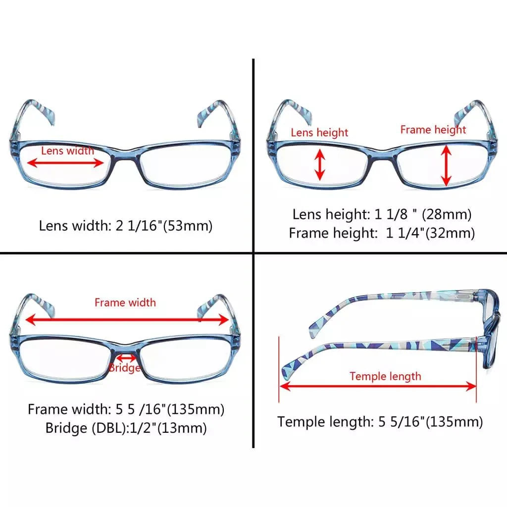 5 Pack Rectangle Reading Glasses with Pattern Temples RT1803