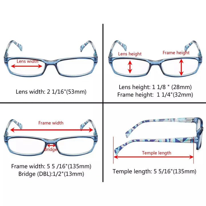 5 Pack Rectangle Reading Glasses with Pattern Temples RT1803