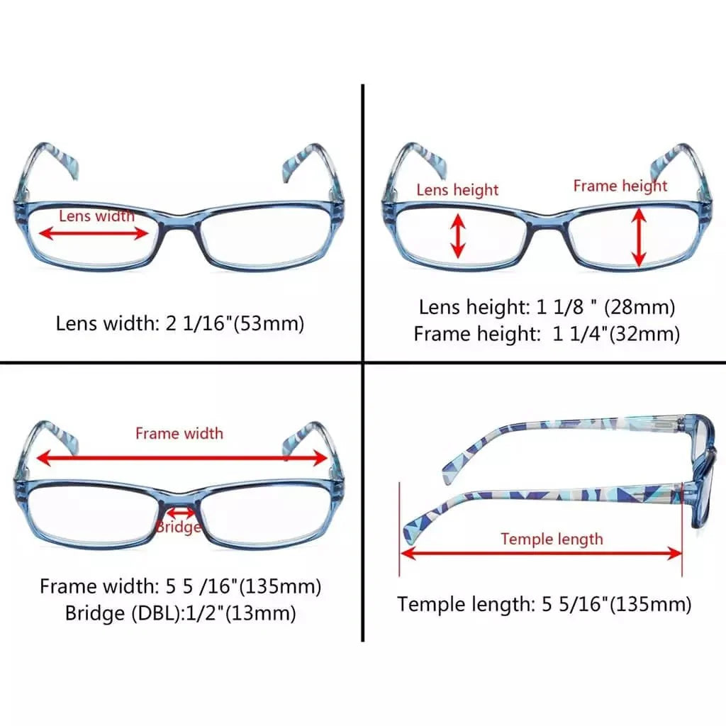 5 Pack Rectangle Reading Glasses with Pattern Temples RT1803