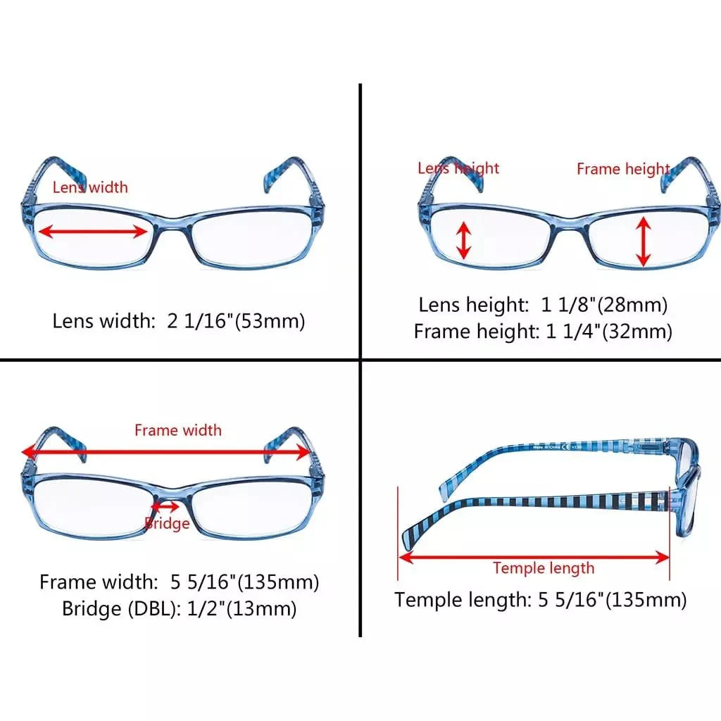 5 Pack Rectangle Reading Glasses with Stripe Arms RT1803S