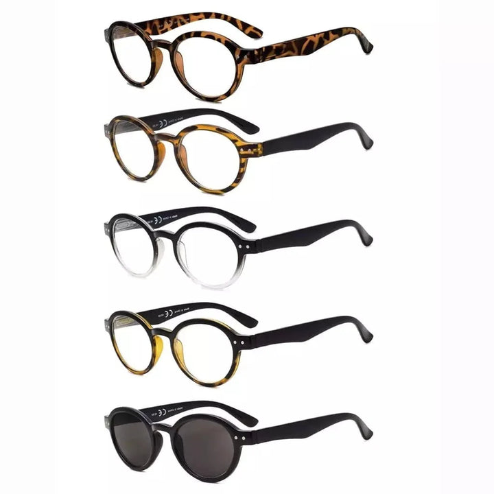 5 Pack Retro Round Reading Glasses Include Sunglasses R070