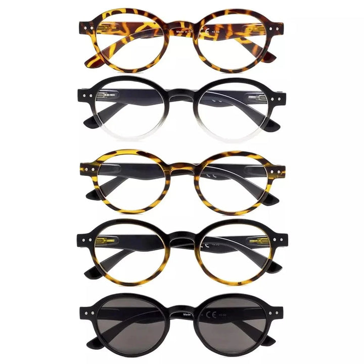 5 Pack Retro Round Reading Glasses Include Sunglasses R070