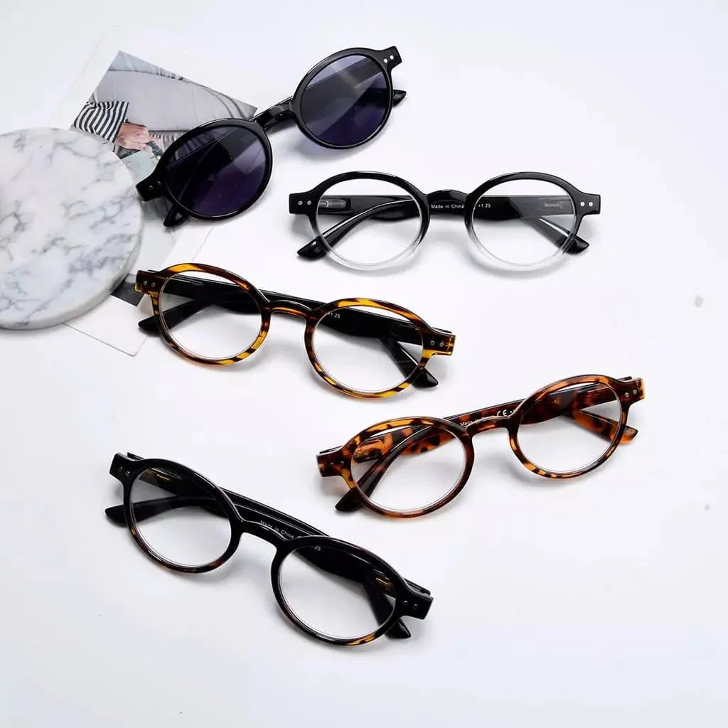 5 Pack Retro Round Reading Glasses Include Sunglasses R070