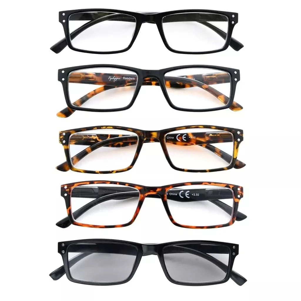 5 Pack Retro Style Reading Glasses Rectangle Readers R057